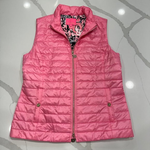 Lilly Pulitzer Elyn Pink Puffer Vest with 60th Anniversary Panda Print Size: M - Picture 1 of 9